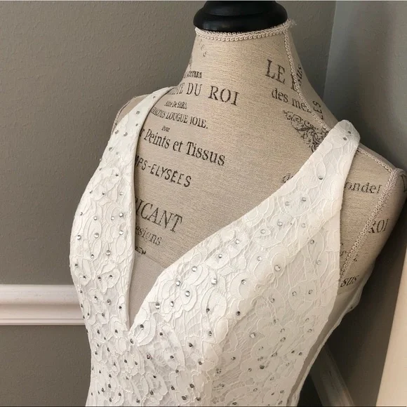 NEW ABBY PARIS SZ 2 IVORY LACE BEADED ILLUSION FORMAL EVENING GOWN - Picture 4 of 12